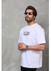 Unisex Bisiklet Yaka Baskılı Oversize T-Shirt - Beyaz