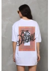 Unisex Bisiklet Yaka Baskılı Oversize T-Shirt - Beyaz