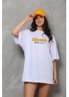 Unisex Bisiklet Yaka Baskılı Oversize T-Shirt - Beyaz