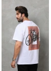 Unisex Bisiklet Yaka Baskılı Oversize T-Shirt - Beyaz