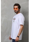 Unisex Bisiklet Yaka Baskılı Oversize T-Shirt - Beyaz