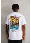 Unisex Bisiklet Yaka Baskılı Oversize T-Shirt - Beyaz