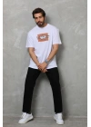 Unisex Bisiklet Yaka Baskılı Oversize T-Shirt - Beyaz