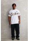 Unisex Bisiklet Yaka Baskılı Oversize T-Shirt - Beyaz