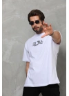 Unisex Bisiklet Yaka Baskılı Oversize T-Shirt - Beyaz