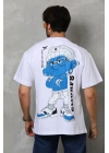 Unisex Bisiklet Yaka Baskılı Oversize T-Shirt - Beyaz