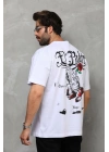 Unisex Bisiklet Yaka Baskılı Oversize T-Shirt - Beyaz