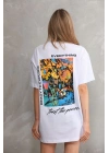 Unisex Bisiklet Yaka Baskılı Oversize T-Shirt - Beyaz