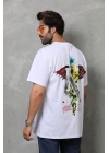 Unisex Bisiklet Yaka Baskılı Oversize T-Shirt - Beyaz