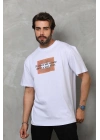 Unisex Bisiklet Yaka Baskılı Oversize T-Shirt - Beyaz
