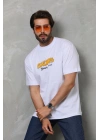 Unisex Bisiklet Yaka Baskılı Oversize T-Shirt - Beyaz