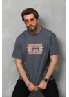 Unisex Bisiklet Yaka Baskılı Oversize T-Shirt - Füme