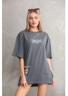 Unisex Bisiklet Yaka Baskılı Oversize T-Shirt - Gri