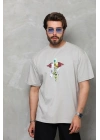 Unisex Bisiklet Yaka Baskılı Oversize T-Shirt - Gri