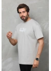 Unisex Bisiklet Yaka Baskılı Oversize T-Shirt - Gri