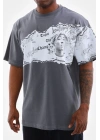 Unisex Bisiklet Yaka Baskılı Oversize T-Shirt - Gri
