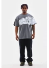 Unisex Bisiklet Yaka Baskılı Oversize T-Shirt - Gri