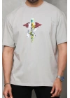 Unisex Bisiklet Yaka Baskılı Oversize T-Shirt - Gri