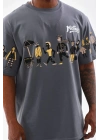 Unisex Bisiklet Yaka Baskılı Oversize T-Shirt - Gri