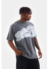 Unisex Bisiklet Yaka Baskılı Oversize T-Shirt - Gri