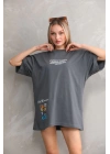 Unisex Bisiklet Yaka Baskılı Oversize T-Shirt - Gri