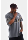 Unisex Bisiklet Yaka Baskılı Oversize T-Shirt - Gri