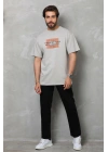 Unisex Bisiklet Yaka Baskılı Oversize T-Shirt - Gri