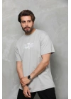 Unisex Bisiklet Yaka Baskılı Oversize T-Shirt - Gri