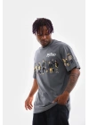 Unisex Bisiklet Yaka Baskılı Oversize T-Shirt - Gri
