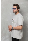 Unisex Bisiklet Yaka Baskılı Oversize T-Shirt - Gri