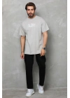 Unisex Bisiklet Yaka Baskılı Oversize T-Shirt - Gri