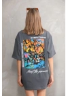 Unisex Bisiklet Yaka Baskılı Oversize T-Shirt - Gri