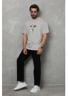 Unisex Bisiklet Yaka Baskılı Oversize T-Shirt - Gri