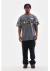 Unisex Bisiklet Yaka Baskılı Oversize T-Shirt - Gri