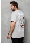 Unisex Bisiklet Yaka Baskılı Oversize T-Shirt - Gri