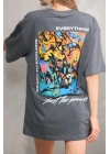 Unisex Bisiklet Yaka Baskılı Oversize T-Shirt - Gri