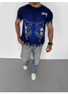 Unisex Bisiklet Yaka Baskılı Oversize T-Shirt - Lacivert