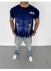 Unisex Bisiklet Yaka Baskılı Oversize T-Shirt - Lacivert