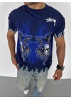 Unisex Bisiklet Yaka Baskılı Oversize T-Shirt - Lacivert