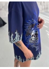 Unisex Bisiklet Yaka Baskılı Oversize T-Shirt - Lacivert