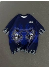 Unisex Bisiklet Yaka Baskılı Oversize T-Shirt - Lacivert
