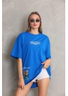 Unisex Bisiklet Yaka Baskılı Oversize T-Shirt - Mavi