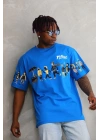 Unisex Bisiklet Yaka Baskılı Oversize T-Shirt - Mavi