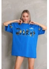 Unisex Bisiklet Yaka Baskılı Oversize T-Shirt - Mavi