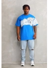 Unisex Bisiklet Yaka Baskılı Oversize T-Shirt - Mavi