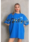 Unisex Bisiklet Yaka Baskılı Oversize T-Shirt - Mavi
