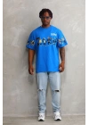 Unisex Bisiklet Yaka Baskılı Oversize T-Shirt - Mavi