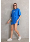 Unisex Bisiklet Yaka Baskılı Oversize T-Shirt - Mavi