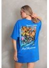 Unisex Bisiklet Yaka Baskılı Oversize T-Shirt - Mavi