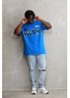 Unisex Bisiklet Yaka Baskılı Oversize T-Shirt - Mavi